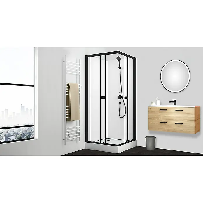 Aurlane Cabina de ducha completa Essential Square - 80 x 80 x 192,5 cm, Negro - Un elegante interior de baño que muestra una elegante cabina de ducha, un tocador moderno y un espejo redondo.
