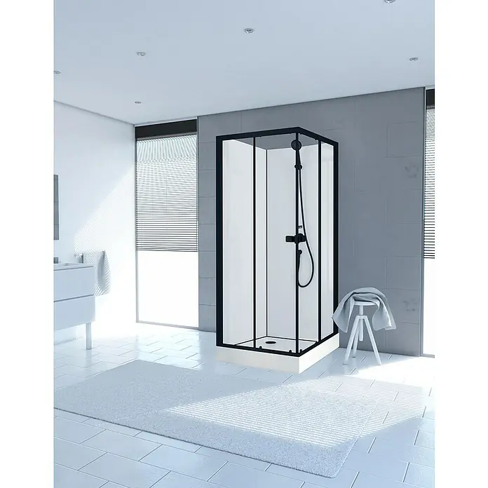 Aurlane Cabina de ducha completa Essential Square - 80 x 80 x 192,5 cm, Negro - Un baño moderno con una cabina de ducha con marco negro y una cortina de ducha blanca, sobre un suelo de baldosas blancas.