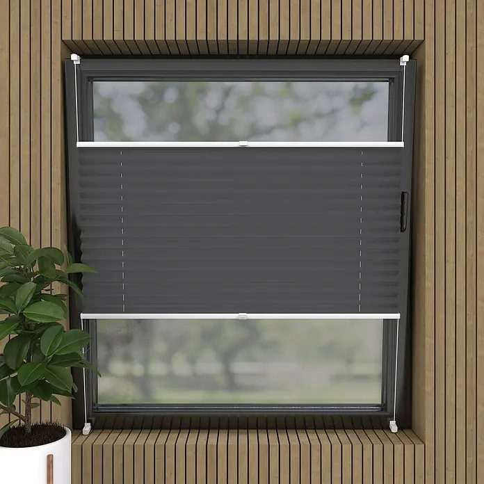 Plissee Basic VS Thermo - B x H: 75 x 130 cm, Anthrazit, Verdunkelnd - Graue Plissee-Jalousie am Fenster mit Holzrahmen und Top-Down-/Bottom-Up-Funktion für flexible Lichtregulierung.
