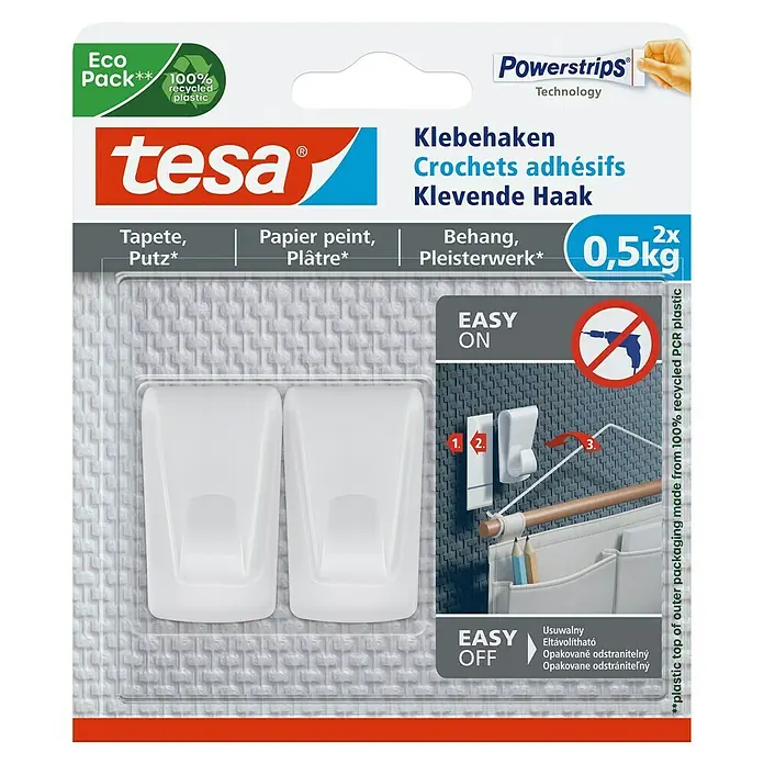 Tesa Powerstrips Klebehaken Wallpaper - Kunststoff, Weiß - Abbildung der Tesa Klebehaken, die eine einfache und flexible Aufhängelösung ohne Bohren bieten. Ideal für Küche oder Bad.