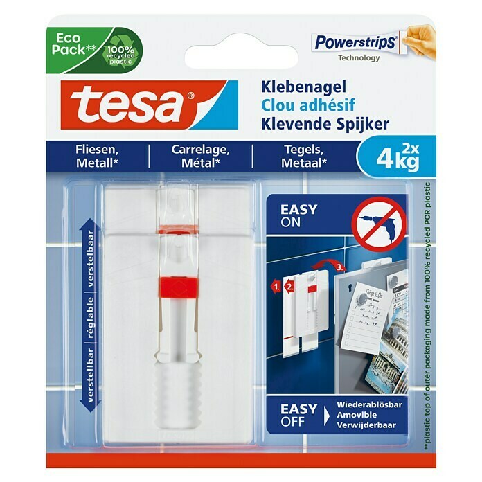 Tesa Verstelbare klevende spijker (Geschikt voor: Tegels, Belastbaarheid: 4 kg, 2 stk., Wit)