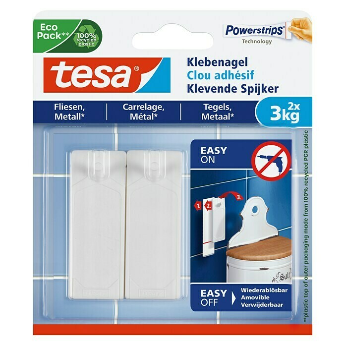 Tesa Klevende spijker (Geschikt voor: Tegels, Belastbaarheid: 3 kg, 2 stk., Wit)