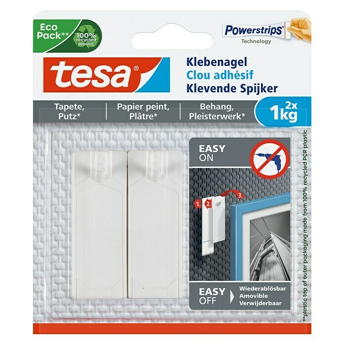 Tesa Klevende spijker (Geschikt voor: Behang, Belastbaarheid: 1 kg, 2 stk., Wit)