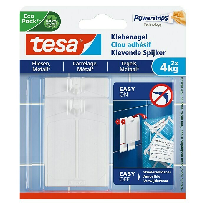 Tesa Klevende spijker (Geschikt voor: Tegels, Belastbaarheid: 4 kg, 2 stk., Wit)