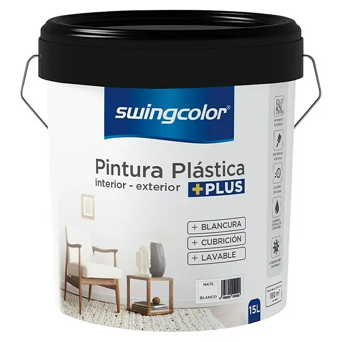 swingcolor Pintura para paredes y techos Plus Mate - Blanco, Mate, 15 l - Un cubo de pintura Swingcolor para interiores y exteriores Plus, ideal para paredes y techos.