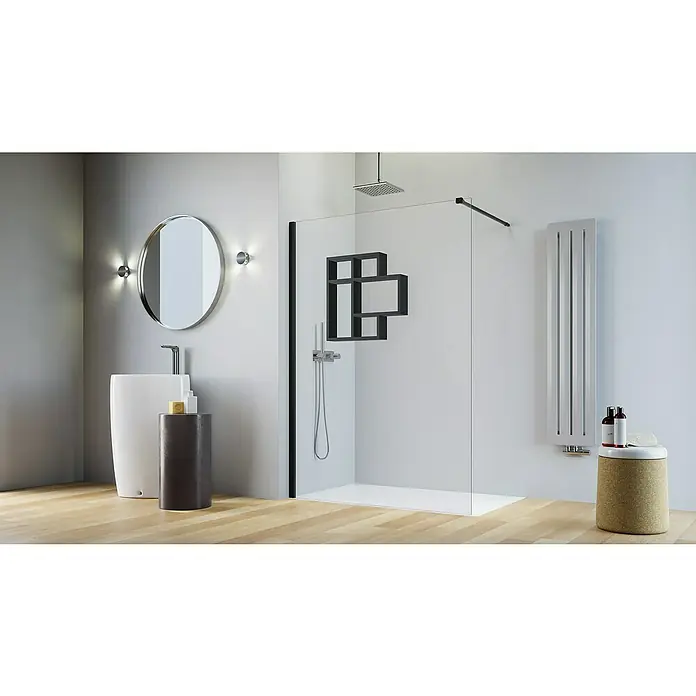 Camargue Vario Duschwand B14P-REG1-02BB x H: 140 x 191,5 cm, Beschichtet, Schwarz - Ein modernes Badezimmer mit einer begehbaren Dusche, einem runden Spiegel und einem stilvollen Waschbecken. Die Dusche verfügt über ein einzigartiges Designelement.