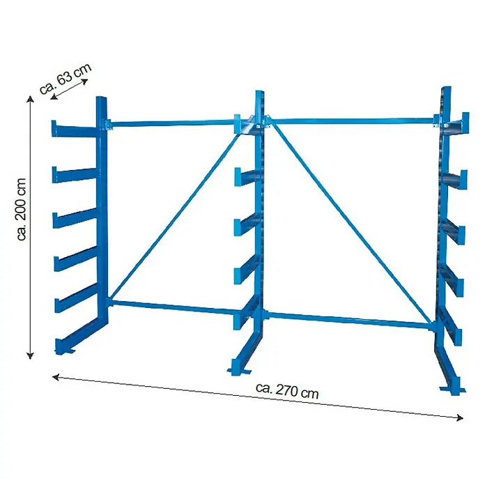 Regalux Kragarmregal - H x B x T: 200 x 270 x 63 cm, Traglast pro Träger: 200 kg, Anzahl Träger: 6 Stk., Stecken, Blau - Ein blaues Kragarmregal mit den Maßen ca. 200 cm Höhe, ca. 63 cm Tiefe und ca. 270 cm Breite.