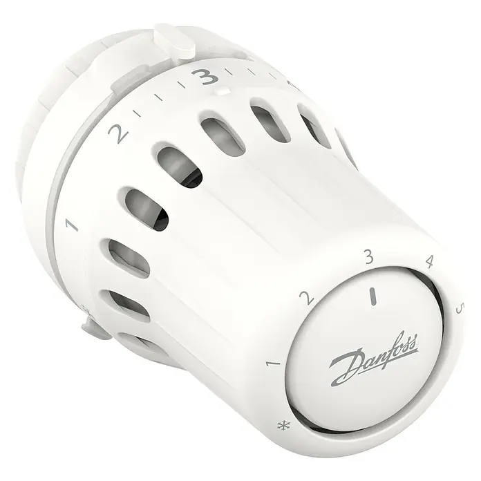 Danfoss Thermostatkopf REACT RA IF - Weiß - Nahaufnahme eines Danfoss Heizkörperthermostats mit einstellbarer Temperaturregelung und dem Danfoss Logo.