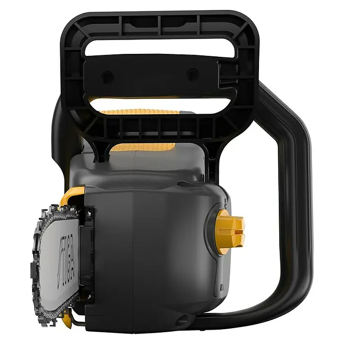 Stiga Akku-Kettensäge CS 700E (14") - 48 V, Ohne Akku, Schwertlänge: 35 cm - Nahaufnahme einer STIGA Akku-Kettensäge, ideal für Baumpflege und Holzarbeiten im Garten, mit Fokus auf Design und Funktionalität.