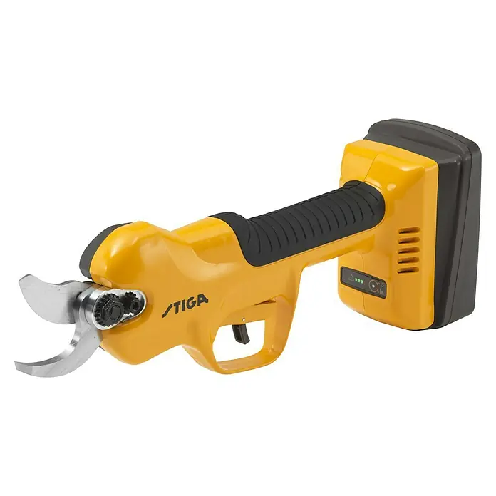 Stiga Akku-Astschere SC 100E - 20 V, 1 Akku, Max. Aststärke: 30 mm - Die gelbe, akkubetriebene Stiga Astschere ist ein praktisches Werkzeug für den Garten. Perfekt für präzise Schnitte an Ästen und Sträuchern.
