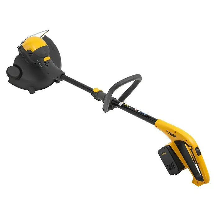Stiga Akku-Rasentrimmer GT 300E - 20 V, 2 Ah, 2 Akkus, Schnittbreite Messer: 30 cm - Stiga Akku-Rasentrimmer: Kabelloses Gerät mit gelbem Griff und schwarzem Trimmerkopf für präzise Rasenpflege ohne Kabel.