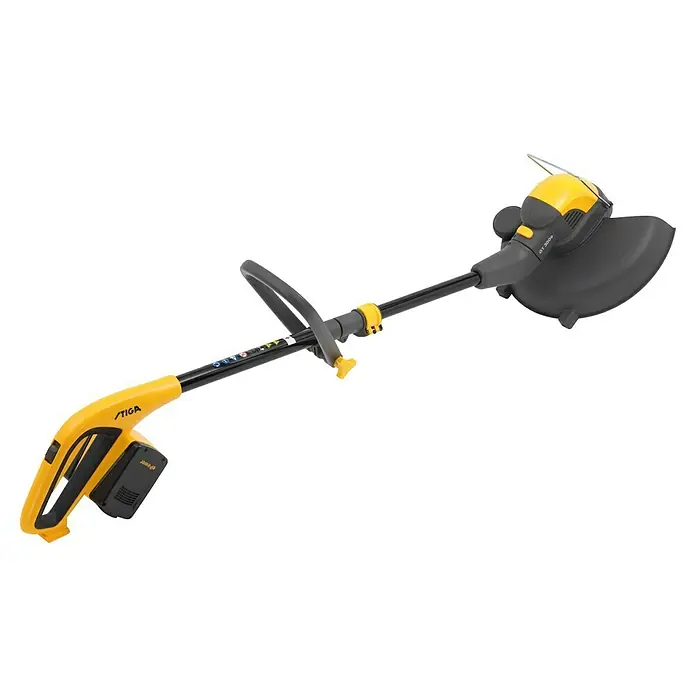 Stiga Akku-Rasentrimmer GT 300E - 20 V, 2 Ah, 2 Akkus, Schnittbreite Messer: 30 cm - Der Stiga Akku-Rasentrimmer GT 300e ist ein gelbes und schwarzes Gartengerät zum Trimmen von Rasenflächen und zum Kantenschneiden.