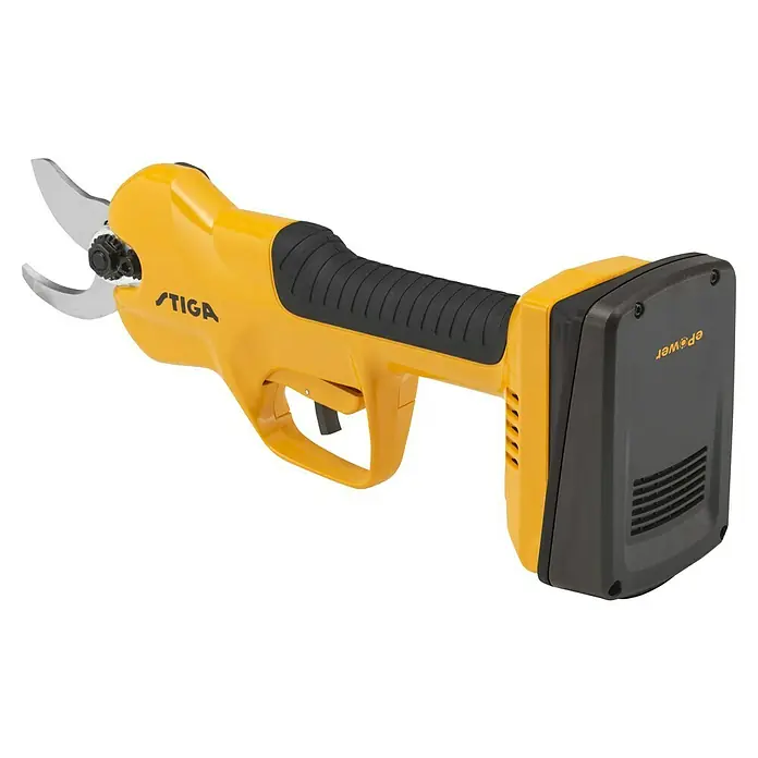Stiga Akku-Astschere SC 100E - 20 V, 1 Akku, Max. Aststärke: 30 mm - Akkuschere STIGA mit gelbem Griff und schwarzem Akku, ideal für den präzisen Baumschnitt.