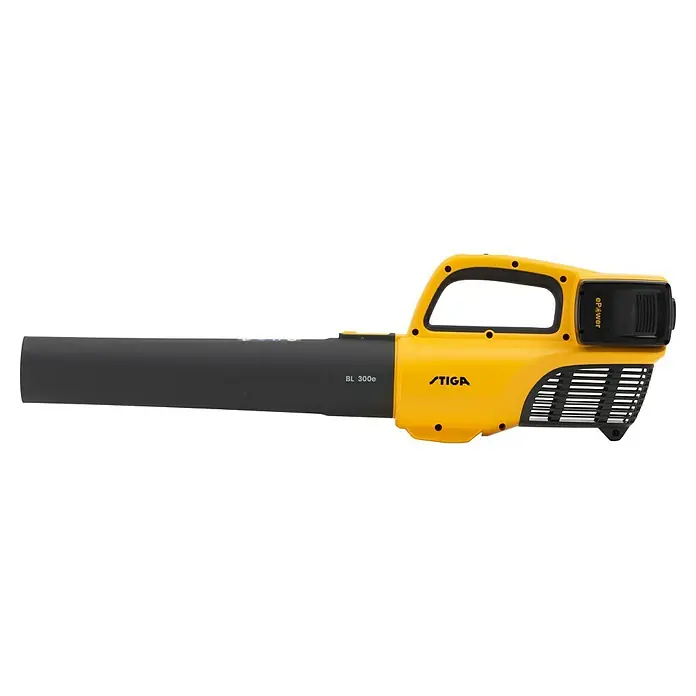 Stiga Akku-Laubbläser BL 300 E - 20 V, 2 Akkus, 4 Ah, Blasgeschwindigkeit: 42 m/s - Ein gelber STIGA Akku-Laubbläser, Modell BL 300e, für die Gartenarbeit und Laubbeseitigung.