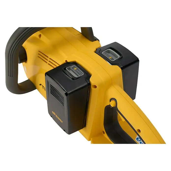 Stiga Akku-Kettensäge CS300E - 20 V, 4 Ah, Li-Ionen, 2 Akkus, Schwertlänge: 30 cm - Nahaufnahme einer gelben STIGA-Kettensäge mit Akkus, die das ePower-System zeigt.