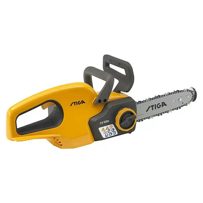 Stiga Akku-Kettensäge CS 100E - 20 V, 4 Ah, 1 Akku, Schwertlänge: 25 cm - Eine gelbe und dunkelgraue STIGA CS 100e Elektrokettensäge mit silberner Schiene und Kette.