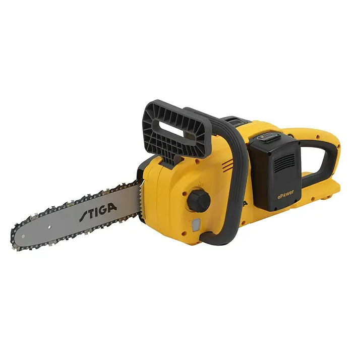 Stiga Akku-Kettensäge CS300E - 20 V, 4 Ah, Li-Ionen, 2 Akkus, Schwertlänge: 30 cm - Abbildung einer gelben STIGA Akku-Kettensäge mit grauem Schwert und schwarzem Griff, die für müheloses Schneiden und lange Laufzeiten sorgt.