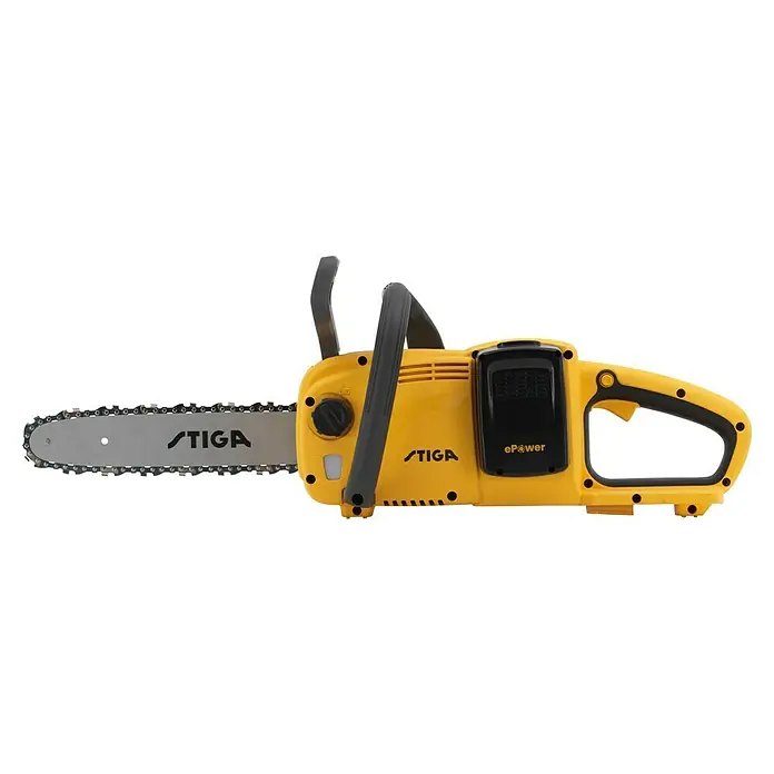 Stiga Akku-Kettensäge CS300E - 20 V, 4 Ah, Li-Ionen, 2 Akkus, Schwertlänge: 30 cm - Abgebildete Stiga Akku-Kettensäge mit Schwert, gelbem Gehäuse und schwarzem Griff. Ideal für Gartenarbeiten.