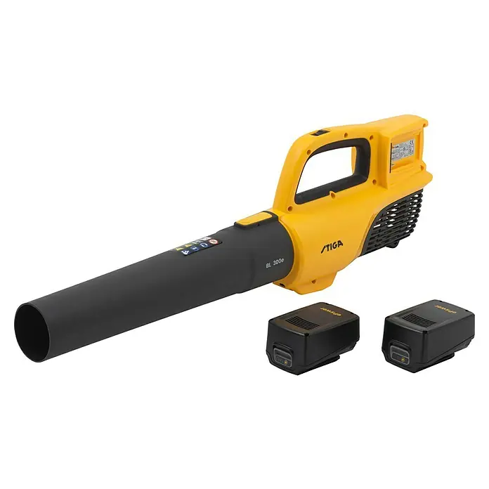 Stiga Akku-Laubbläser BL 300 E - 20 V, 2 Akkus, 4 Ah, Blasgeschwindigkeit: 42 m/s - Ein gelber Stiga Akku-Laubbläser mit zwei Akkus. Ideal für die Gartenarbeit, um Laub und Schmutz einfach zu entfernen.