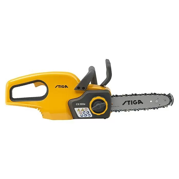 Stiga Akku-Kettensäge CS 100E - 20 V, 4 Ah, 1 Akku, Schwertlänge: 25 cm - Gelb-graue Stiga CS 100e Elektrokettensäge mit schwarzen Griffen und silbernem Schwert.