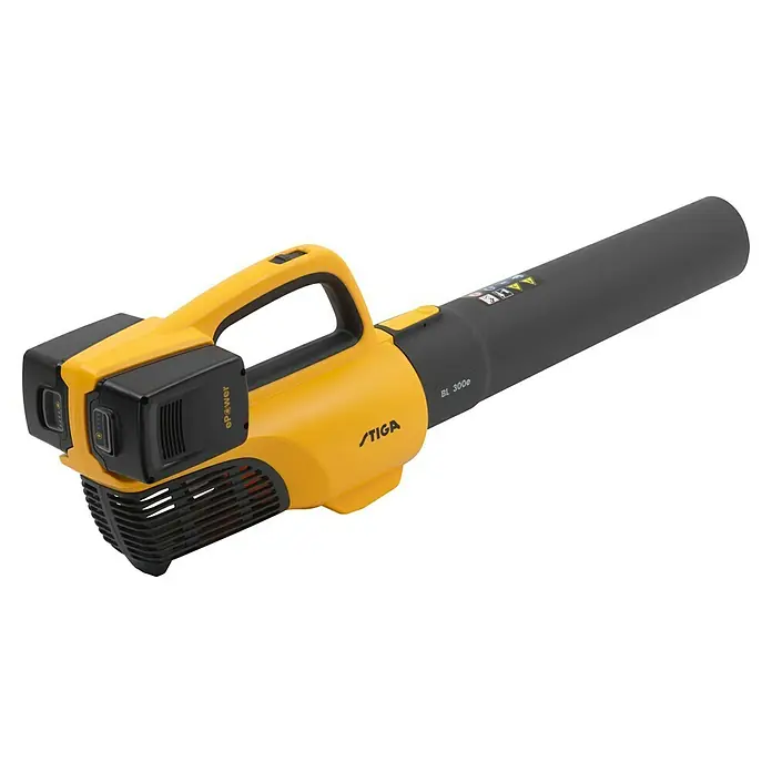 Stiga Akku-Laubbläser BL 300 E - 20 V, 2 Akkus, 4 Ah, Blasgeschwindigkeit: 42 m/s - Akkubetriebener Laubbläser Stiga BL 300e mit gelbem Gehäuse und schwarzem Blasrohr.