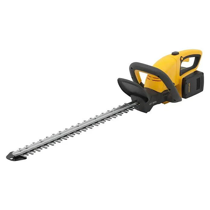 Stiga Akku-Heckenschere HT 300E - 2 Akkus, Schnittlänge: 54 cm - Abbildung einer gelben Heckenschere mit einer langen, silberfarbenen Klinge. Das Gerät hat einen schwarzen Griff und einen Akku.