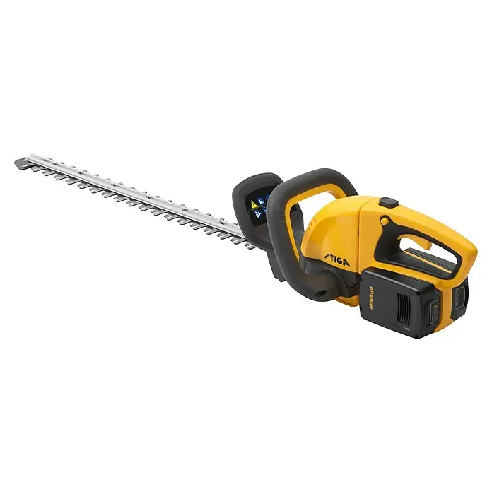 Stiga Akku-Heckenschere HT 300E - 2 Akkus, Schnittlänge: 54 cm - Gelbe Akku-Heckenschere von Stiga mit scharfen Klingen zum einfachen Trimmen und in Form bringen von Hecken und Sträuchern im Garten.