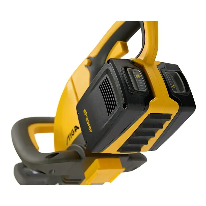 Stiga Akku-Heckenschere HT 300E - 2 Akkus, Schnittlänge: 54 cm - Akkubetriebene Heckenschere von Stiga, gelb und schwarz, mit Akkuanzeige.