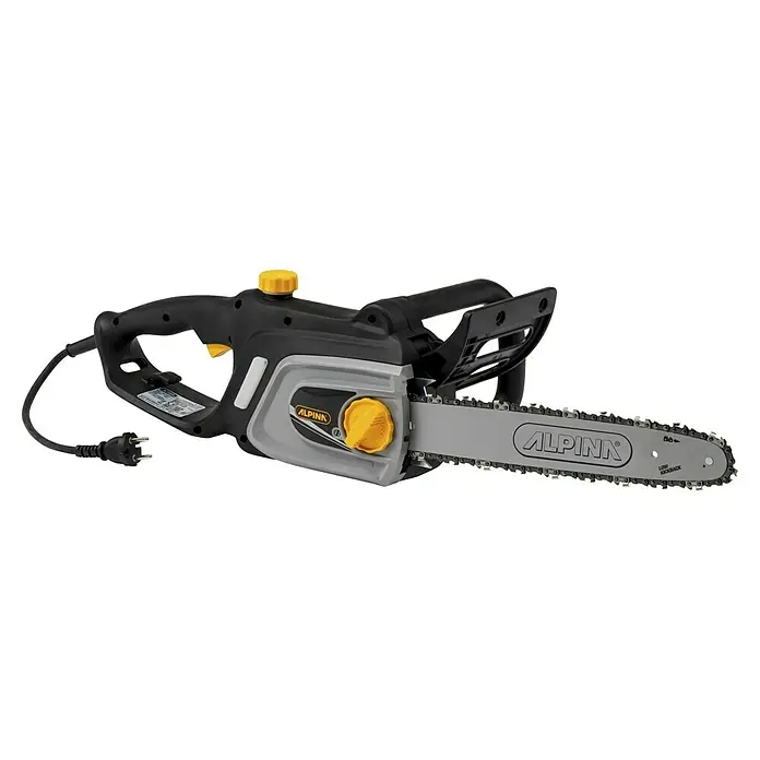 Alpina Elektro-Kettensäge ACS 180 E - 1.800 W, Schwertlänge: 35 cm - Nahaufnahme einer elektrischen Alpina Kettensäge, ideal für Gartenarbeiten und Baumschnitt. Leistungsstark und einfach zu bedienen.
