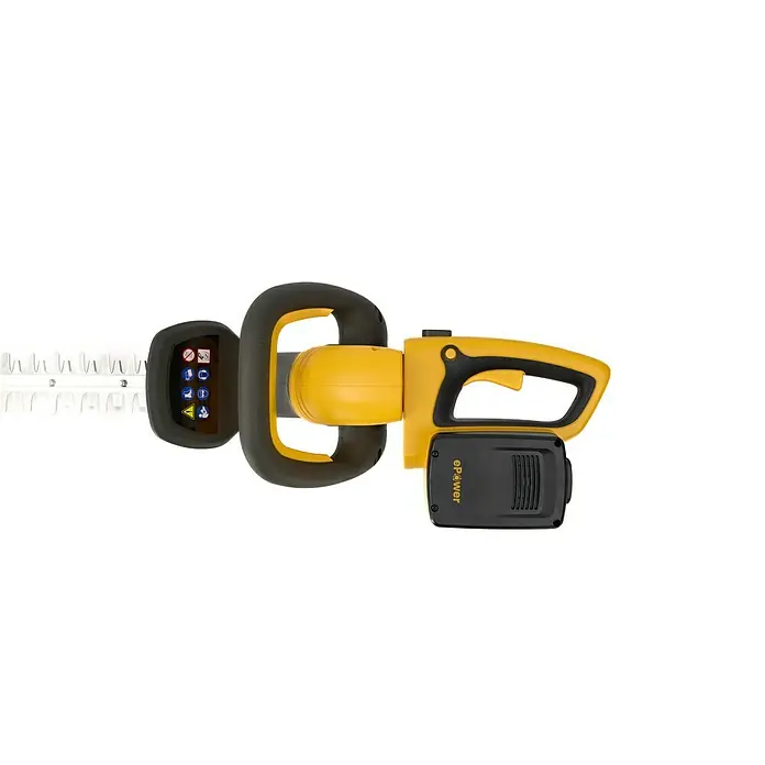 Stiga Akku-Heckenschere HT 300E - 2 Akkus, Schnittlänge: 54 cm - Aufsicht auf eine gelbe Heckenschere mit schwarzem Griff und Akku, die für den Garten- und Landschaftsbau verwendet wird.