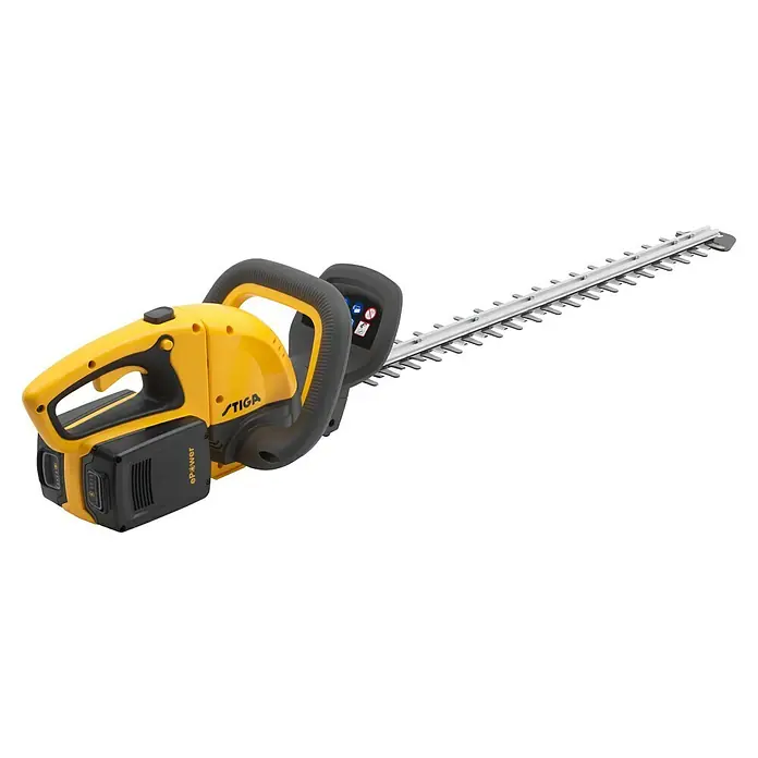 Stiga Akku-Heckenschere HT 300E - 2 Akkus, Schnittlänge: 54 cm - Die STIGA Akku-Heckenschere ist ein leistungsstarkes Gartengerät, ideal für den präzisen Heckenschnitt. Sie zeichnet sich durch ihre gelbe Farbe und das innovative Design aus.