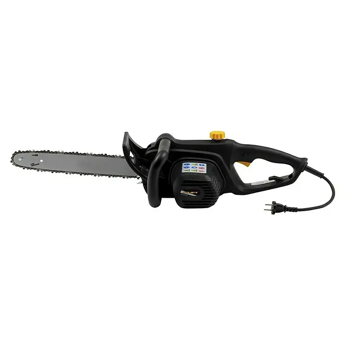 Alpina Elektro-Kettensäge ACS 180 E - 1.800 W, Schwertlänge: 35 cm - Eine elektrische Kettensäge in Schwarz mit gelbem Verschluss und langem Schwert für Gartenarbeiten.