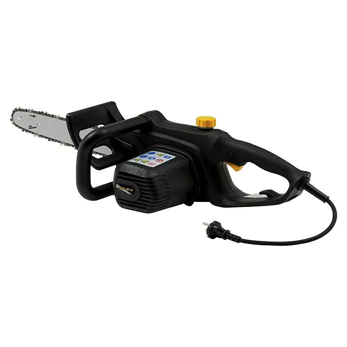 Alpina Elektro-Kettensäge ACS 180 E - 1.800 W, Schwertlänge: 35 cm - Nahaufnahme einer schwarzen Elektro-Kettensäge mit gelben Akzenten, die ein praktisches und effizientes Werkzeug zum Schneiden darstellt.