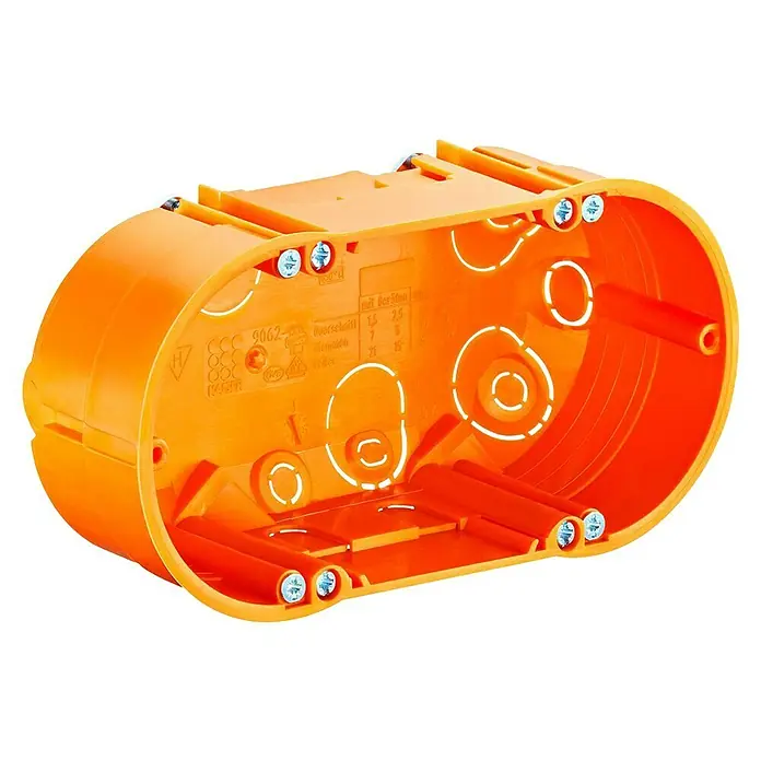 Kaiser Hohlwanddose 9062-02 - 71 x 47 mm, 2-fach, Orange, 1 Stk. - Nahaufnahme einer orangefarbenen Kaiser Elektro-Installationsdose mit Schrauben. Für Elektroinstallationen.