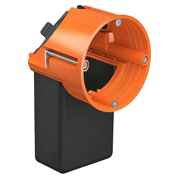 Kaiser Hohlwanddose 9268-94 - 71 x 75 mm, Hohlwand, Orange, 1 Stk., Winddicht - Nahaufnahme einer orangefarbenen Mauerdurchführungsdose mit schwarzem Gehäuse, ein unverzichtbares Werkzeug für Elektroinstallationen.