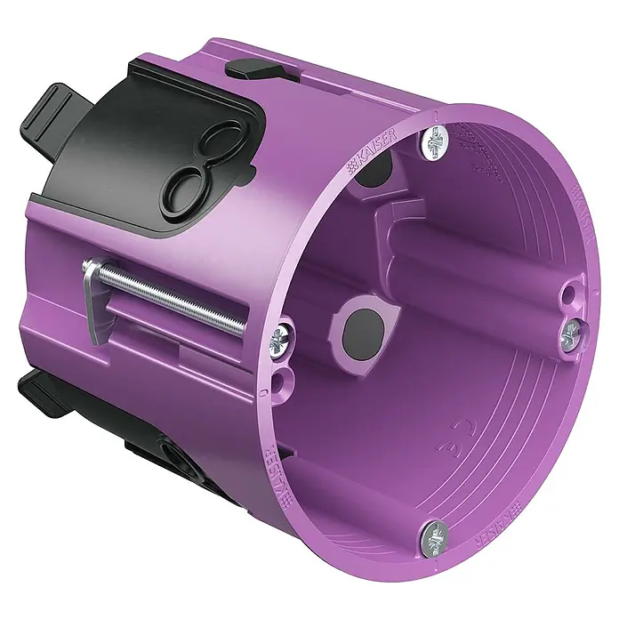 Kaiser Hohlwanddose 9280-22 - 68 x 74 mm, Hohlwand, Lila, 1 Stk. - Nahaufnahme einer violetten Kaiser Elektroinstallationsdose mit Schrauben und schwarzem Zubehör.