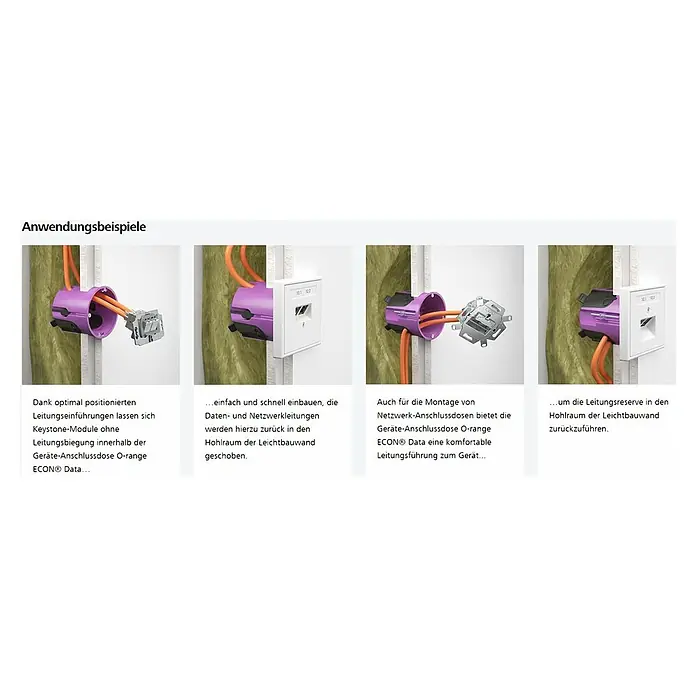 Kaiser Hohlwanddose 9280-22 - 68 x 74 mm, Hohlwand, Lila, 1 Stk. - Anwendungsbeispiele der O-range ECON® Data Geräte-Anschlussdose: optimale Kabelführung, einfache Installation, Montage von Netzwerkdosen und Leitungsreserve.