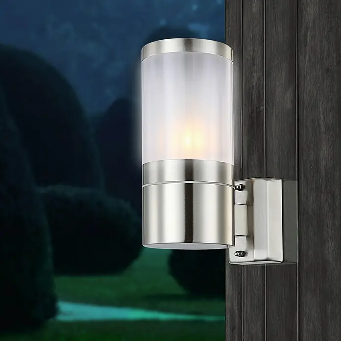 Globo Aplique exterior Xeloo - 60 W, Ópalo/Plata, IP44, 1 ud. - Aplique de pared moderno de acero inoxidable con pantalla cilíndrica, que emite una luz suave y cálida para una iluminación exterior elegante.