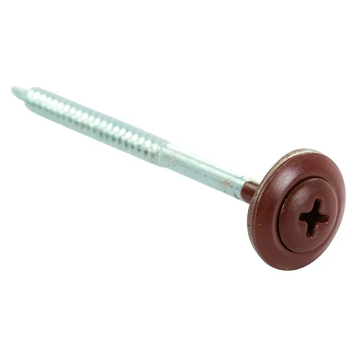 Onduline Tornillo universal para la instalación de tejados - 3,9 x 60 mm, 100 ud., Rojo ladrillo - Primer plano de un tornillo autoperforante marrón con cabeza grande y punta afilada. Ideal para fijaciones seguras en diversos materiales.
