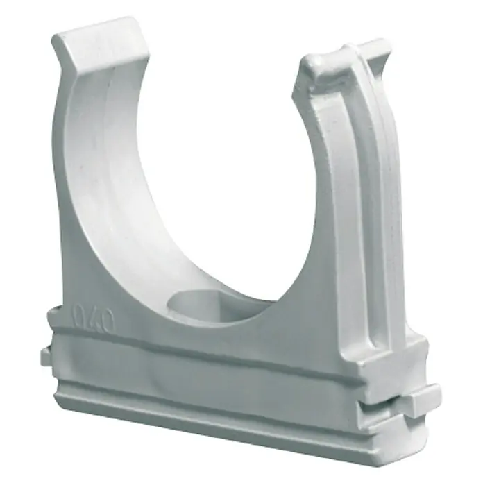 Abrazadera plástico PVC - EN 50, Plástico, Gris claro, 3 ud. - Primer plano de una abrazadera de tubo blanca, un accesorio de montaje para asegurar tubos. Diseño duradero para una sujeción fiable.