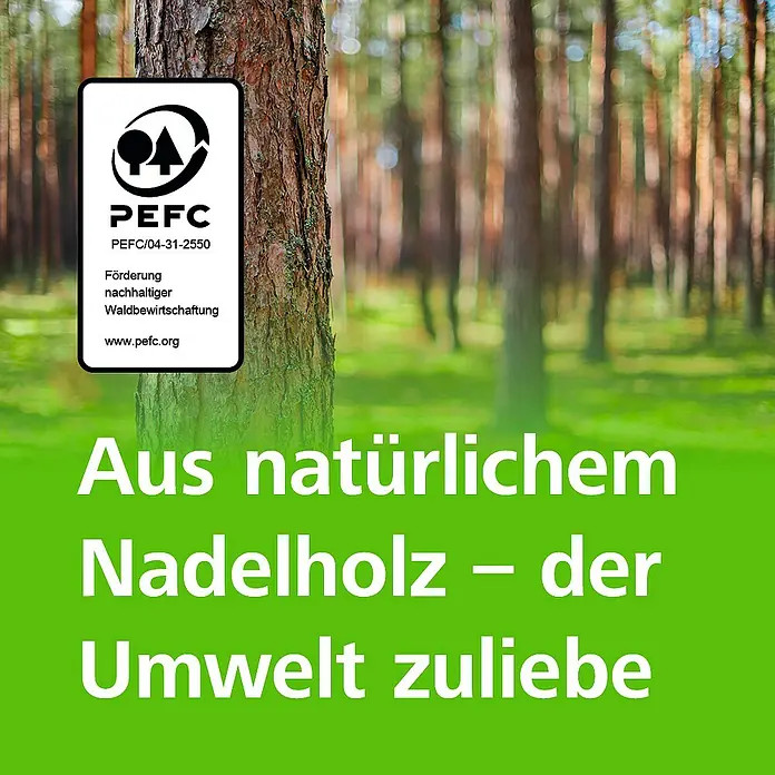 Steico Holzfaserdämmplatte therm SD - 1.350 x 600 mm, Stärke: 30 mm, Wärmeleitfähigkeit: 0,038 W/(mK) - PEFC-Siegel auf Baumstamm, Text "Aus natürlichem Nadelholz - der Umwelt zuliebe" signalisiert umweltbewusste Waldwirtschaft.