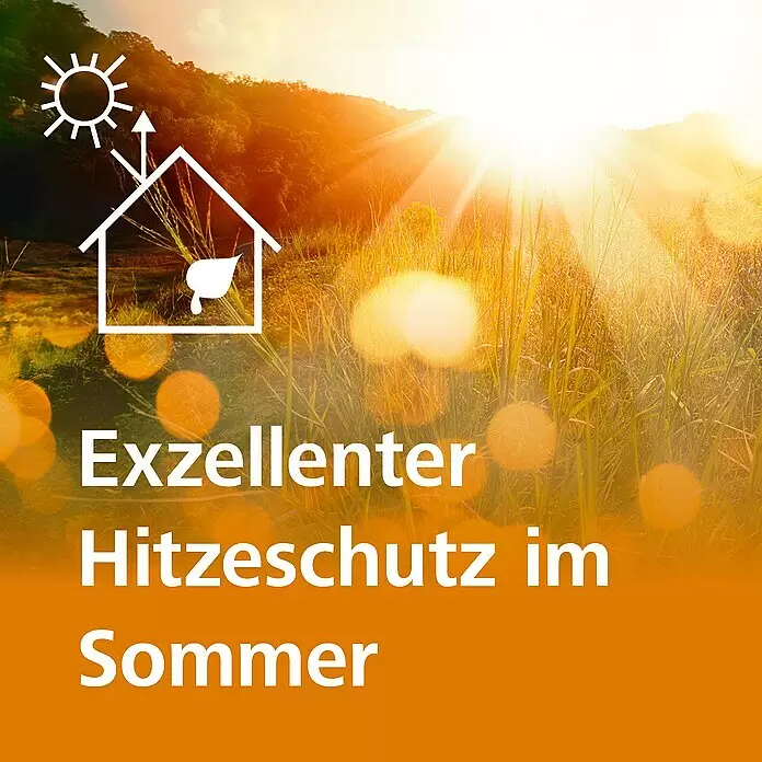 Steico Holzfaserdämmplatte protect - 1.325 x 600 mm, Stärke: 40 mm, Wärmeleitfähigkeit: 0,048 W/(mK) - Grafik: Haussymbol mit Sonne und Pfeilen zur Veranschaulichung der Hitzereflexion. Text: Exzellenter Hitzeschutz im Sommer.