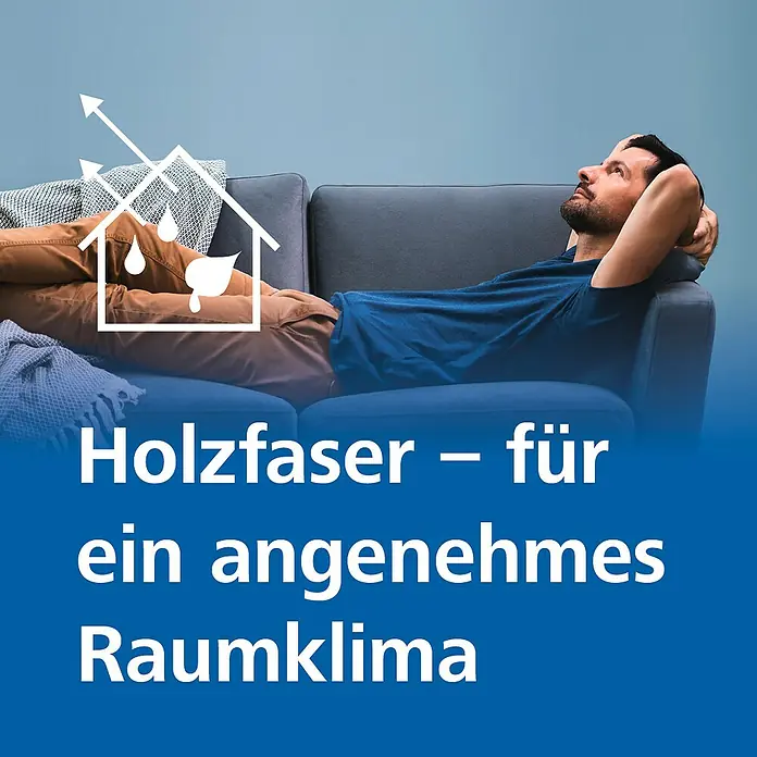 Steico Holzfaserdämmplatte internal - 1.200 x 380 mm, Stärke: 40 mm, Wärmeleitfähigkeit: 0,038 W/(mK) - Holzfaser für ein angenehmes Raumklima, dargestellt durch eine Grafik auf einem Bild, das einen Mann auf einem Sofa zeigt.