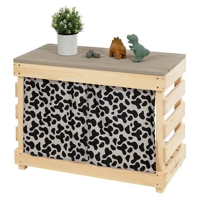 Muddy Buddy Kindertisch zum Matschen Little Leo - L x B x H: 80 x 40 x 55 cm, Holz, Natur/ Grau - Aufbewahrungstruhe mit Kuhfellmuster, ideal für Kinderspielzeug. Inklusive Dekoelementen wie Pflanze und Dinosaurierfiguren.