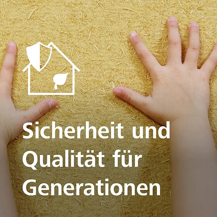 Steico Holzfaserdämmplatte protect - 1.325 x 600 mm, Stärke: 40 mm, Wärmeleitfähigkeit: 0,048 W/(mK) - Das Bild zeigt eine nachhaltige Bauplatte, die durch Kinderhände geschützt wird. Der Text betont die Sicherheit und Qualität für Generationen.