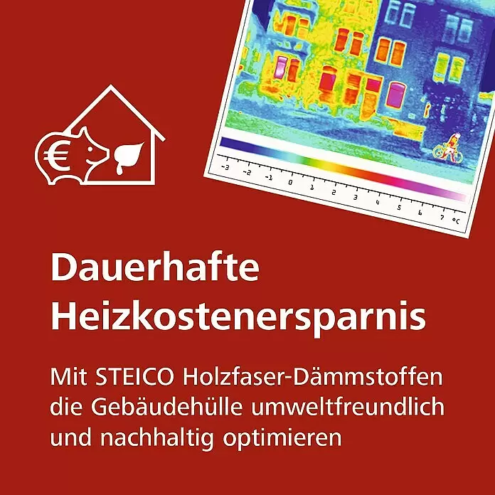 Steico Holzfaserdämmplatte protect - 1.325 x 600 mm, Stärke: 40 mm, Wärmeleitfähigkeit: 0,048 W/(mK) - Wärmebild eines Hauses zeigt Wärmeverlust, bewirbt STEICO Holzfaser-Dämmstoffe für dauerhafte Energieersparnis.
