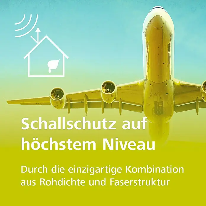 Steico Unterdeck- & Wandbauplatte universal dry - 1.880 x 600 x 60 mm, Wärmeleitfähigkeit: 0,043 W/(mK) - Schallschutz auf höchstem Niveau: Ein Flugzeug startet vor strahlend blauem Himmel, während ein Symbol für Lärmschutz zu sehen ist.