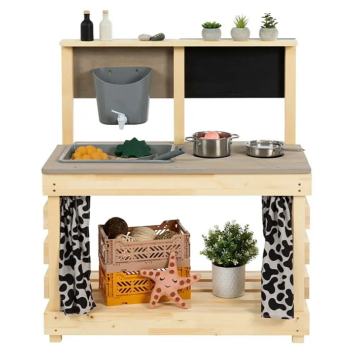 Muddy Buddy Matschküche Big Leo - 80 x 40 x 90 cm, Holz, Natur/ Grau - Ein hölzerner Spielküchentisch mit Zubehör und Deko-Elementen, ideal für kreatives Rollenspiel.