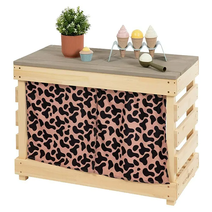 Muddy Buddy Kindertisch zum Matschen Little Leo - L x B x H: 80 x 40 x 55 cm, Holz, Natur/ Puderrosa - Das Spielzeug-Eiscafé bietet viel Spaß mit Eis, Waffeln, Blumen und einer niedlichen Stoffabdeckung. Perfekt für fantasievolles Spielen!