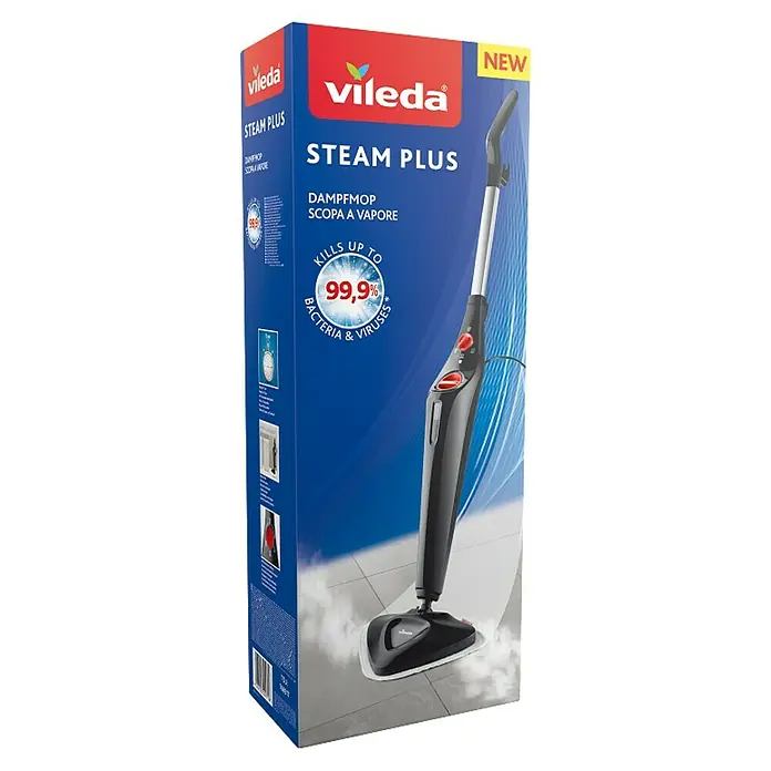 Vileda Steam Limpiadora de vapor Plus - 3 pzs. - Una imagen del producto de la limpiadora a vapor Vileda Steam Plus, incluyendo su embalaje. El dispositivo elimina hasta un 99,9% de bacterias y virus.